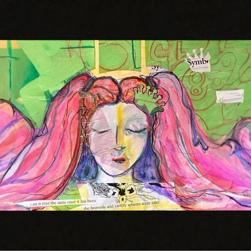 Handmade Framed Pink & Green Original Art Girl Power Gift Dorm Ready BTC 5x7 Art